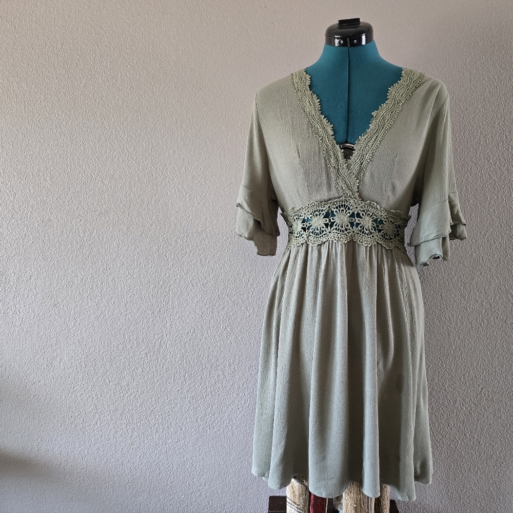 SHEIN Olive Green Lace Trim Dress